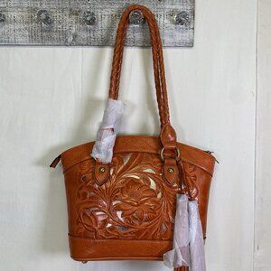 Patricia Nash Orange Leather Satchel with Floral Design